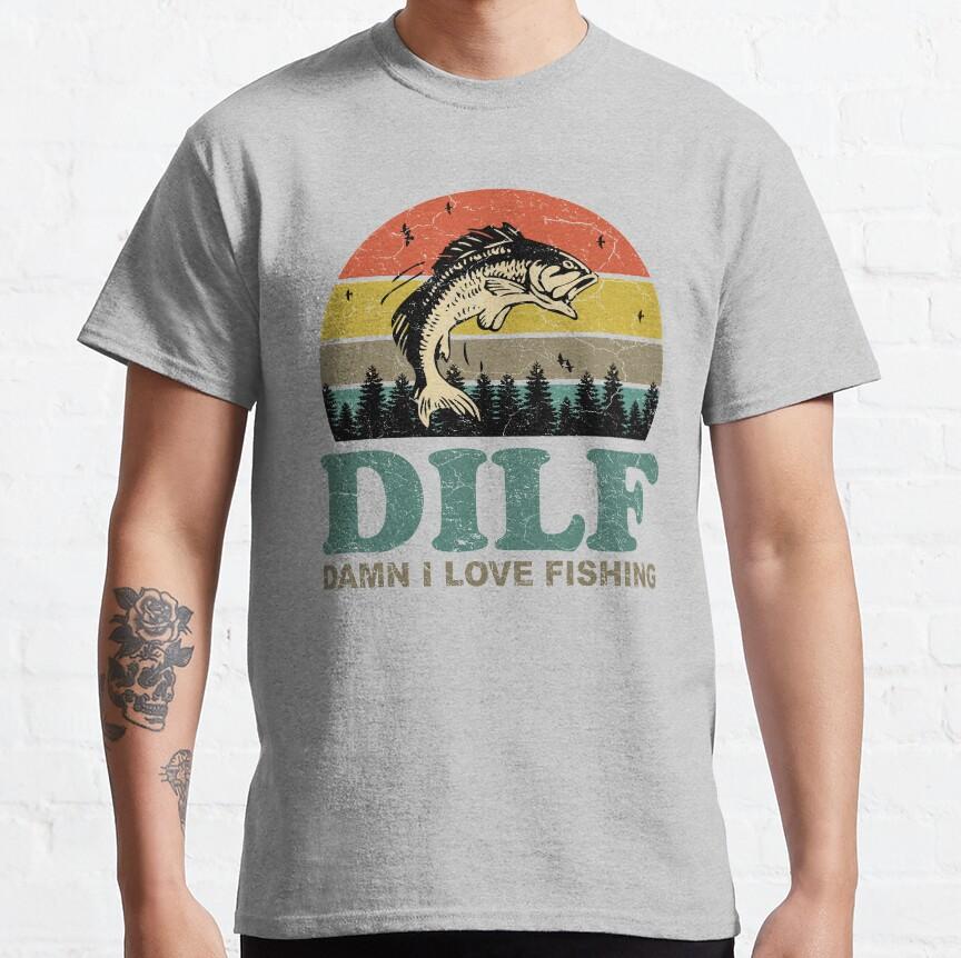 DILF Damn I Love Fishing Retro Vintage Sunset Funny Fishing Gift fishing humor Graphic T Shirts for fisherman large size