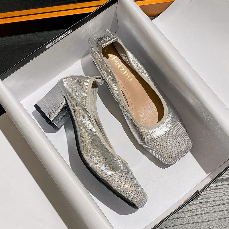Fashion 5CM Diamond Block High Heels Shoes Ladies Burst Silver Pumps Women Square Toe Loafer Crystal Tacones Chunky Heel Traf Mary Janes