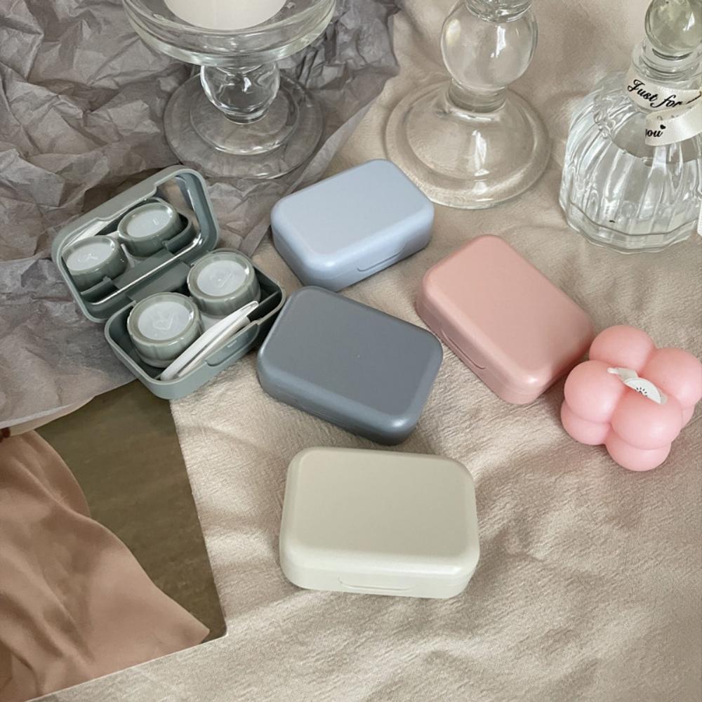 Portable Contact Lens Case Mirror Tweezers Suction Stick Macaron Color Mini Square Eye Care Storage Box Travel Container Holder