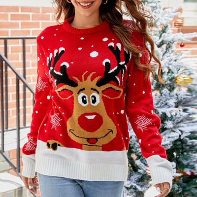 Autumn Winter Women Christmas Pullover Sweater O-Neck Long Sleeve Deer Xmas Tree Snowflake Jacquard Print Knitting Tops
