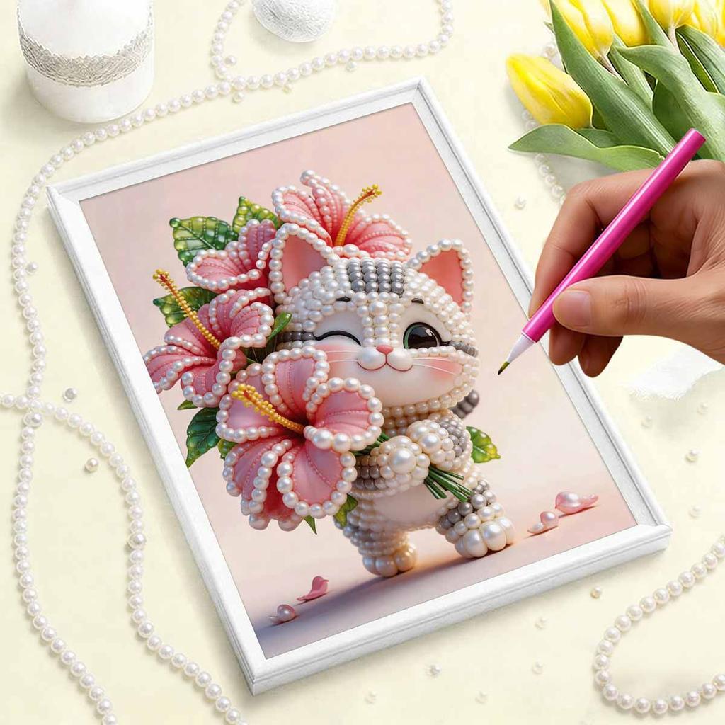 5D DIY Frameless Pearl Painting Flowers and Cats Pattern Painting Kit, Suitable for Home Living Room Bedroom and Other Wall Decoration Art Paintings