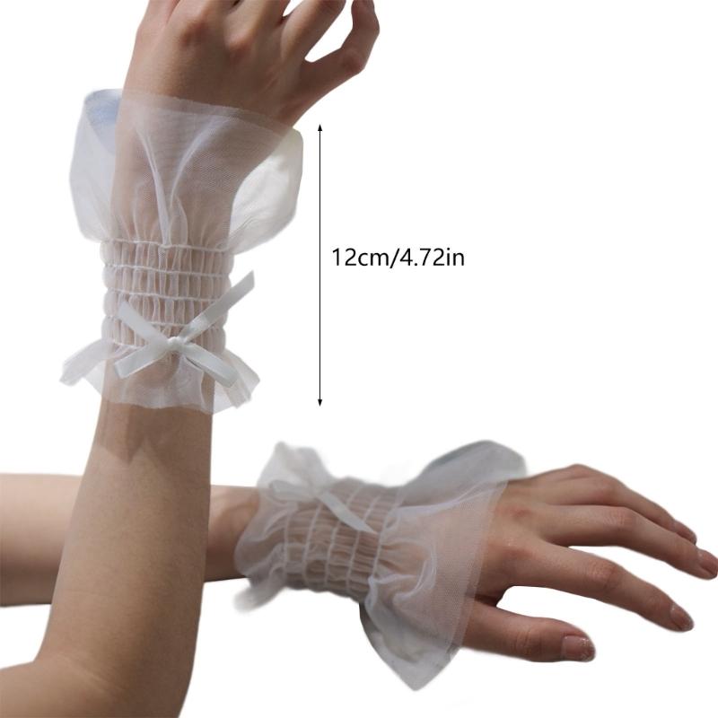 Women Wrist Cuffs Ribbon Bow Removable Ruffled Wedding Supply Bride Dress False Sleeves Tulle Flared Sleeves