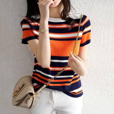 Frühling Sommer Color Blocked Gestreiftes Kurzarm T-Shirt Damen Rundhals Kontrastierender Strickpullover Top