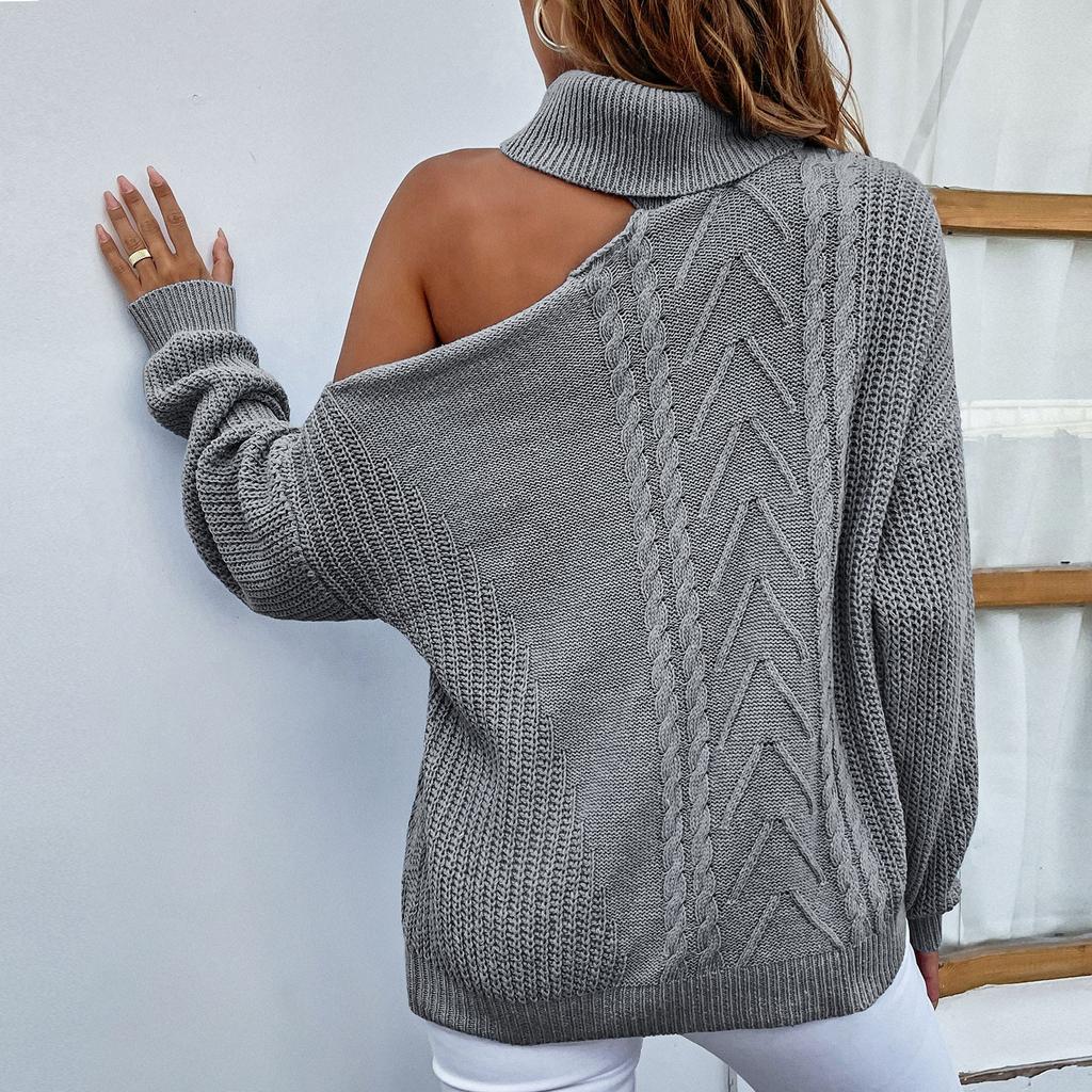 Women's And Winter Sexy Lapel Leaky Shoulder Color Pullover Knit Sweater