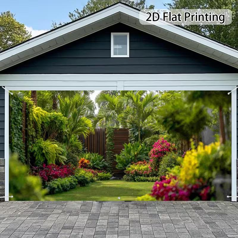 2D Tropical Palm Tree Mixed Color Flower Garden Garage Door Backdrop 47.2x31.5inch/120*80cm