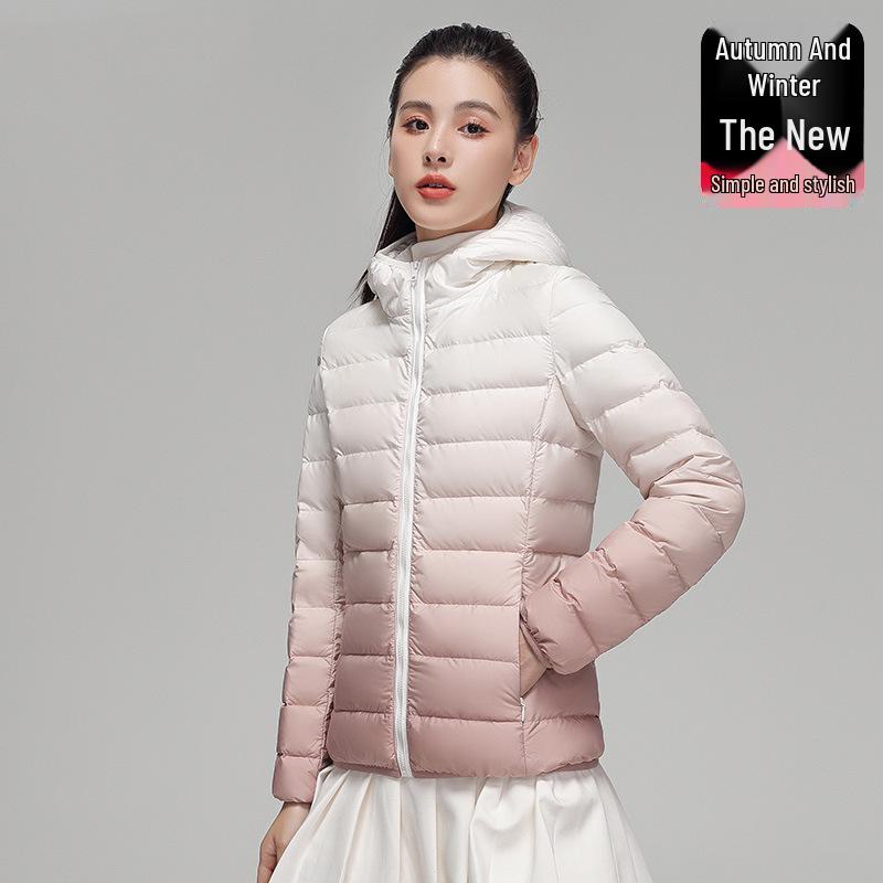 Youjia Women's Gradient Lightweight Down Jacket - 90% White Duck Down, Short Style, Hooded, Autumn/Winter Fashion.