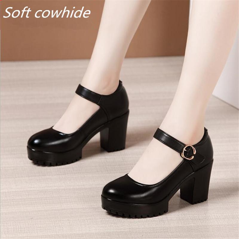 Women's High Heel Shoes Genuine Leather Pumps Platform Mary Jane Shoes Women Office Work Shoe Women's Wedding Shoes 32-43