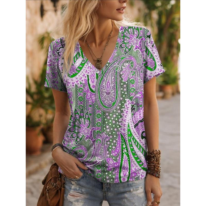 Elegant Vintage Paisley Print Casual T Shirt V Neck Short Sleeve Tee For Women Summer Holiday Travel And Vacation Wear