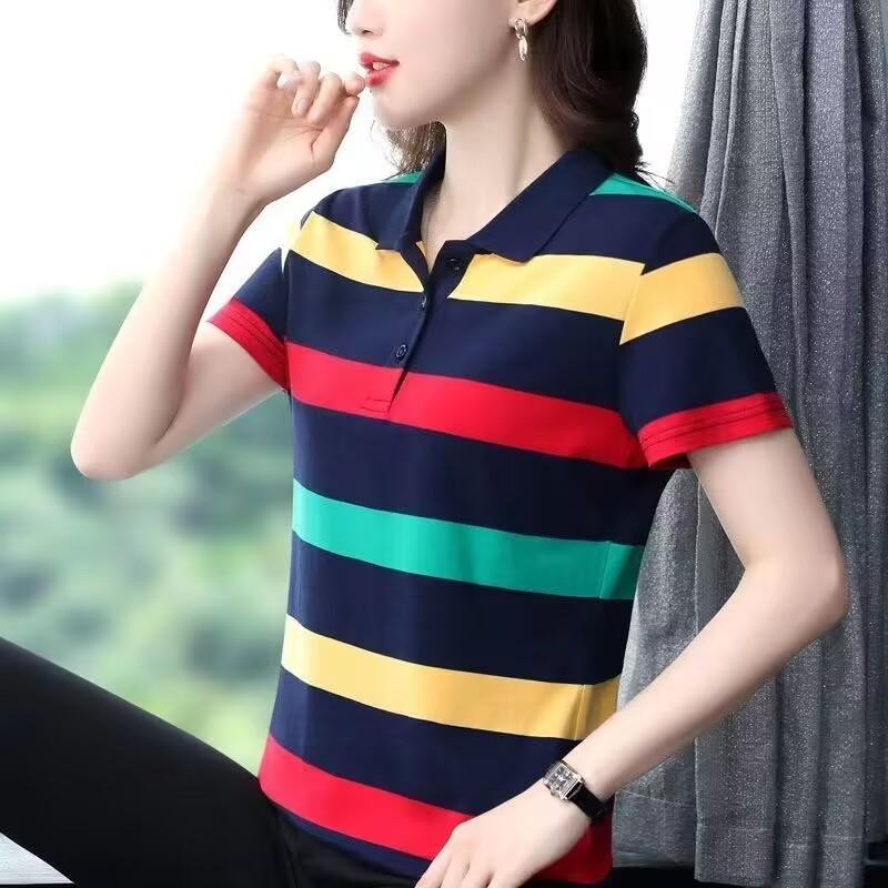 

Женские летние топы, футболки в полоску, сексуальные винтажные футболки-поло с коротким рукавом, свободные повседневные 3XL