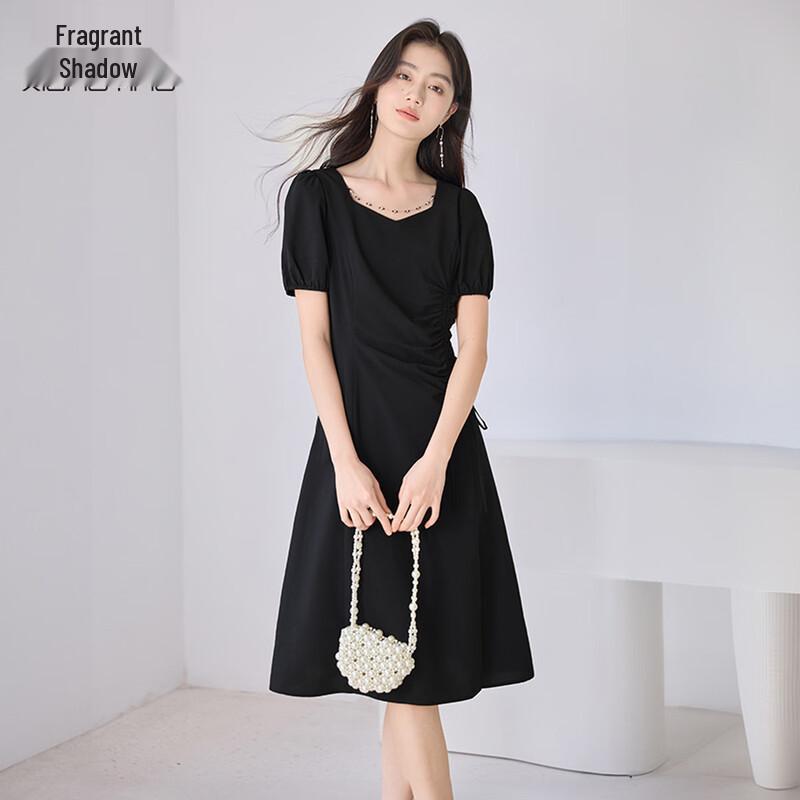 Xiangying French Style Square Collar Black Puff Sleeve Dress S