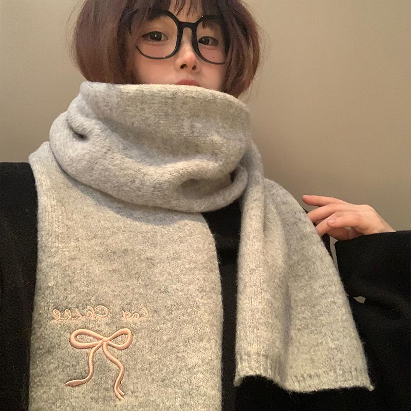 2025 Winter  College Style Imitation Cashmere Scarf Solid Color  Embroidered Bow Couple Scarf