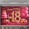 2D 18th Birthday Party Decoration Backdrop, Pink Gold Cake & Crown Photo Background Banner