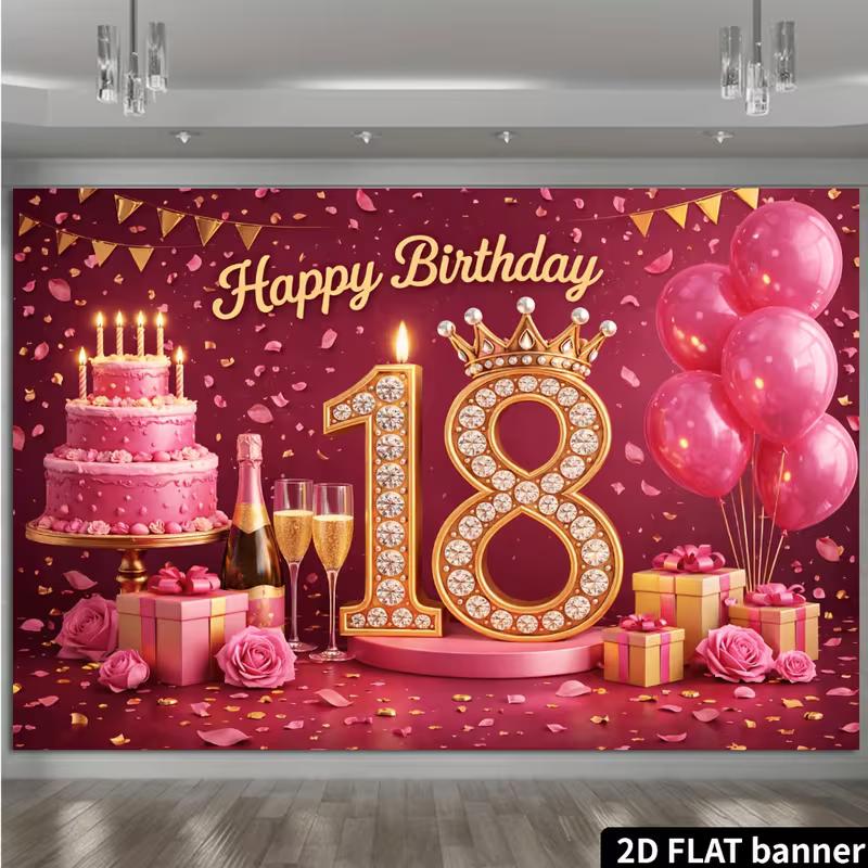 2D 18th Birthday Party Decoration Backdrop, Pink Gold Cake & Crown Photo Background Banner