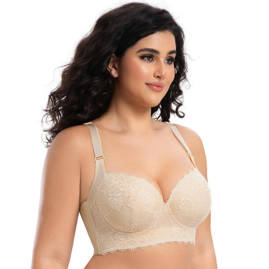 Large Size Thin Cup Lace Underwear for Women with Side Breast Adjustment and Underwire Bra