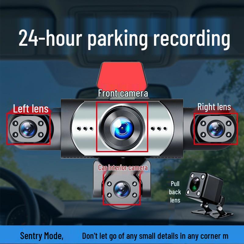 360° Panoramic Dash Cam with 5-Way HD, Night Vision, Loop Recording, Parking Monitor, Mobile App Connectivity