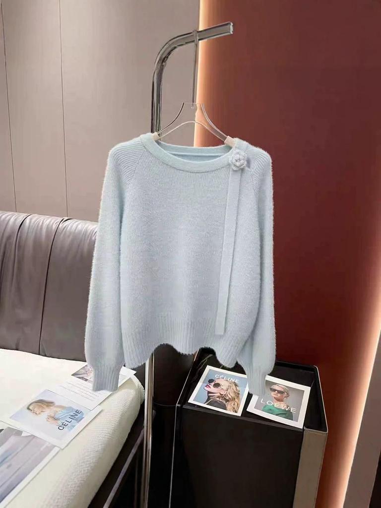 Korean 3D Flower Ribbon Sweater - Women's Autumn/Winter Fluffy Round Neck Knit Pullover