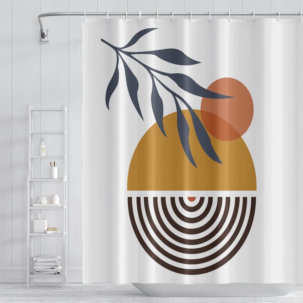 Boho Floral Bathroom Shower Curtain - Tropical Green Leaves, Pink Flowers - Waterproof Polyester Fabric - Mid Century Modern