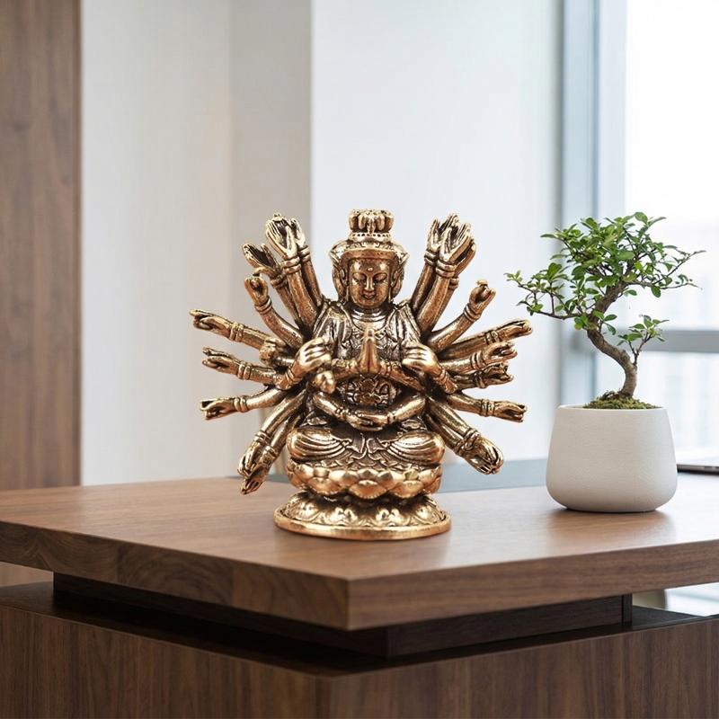 Retro Brass Thousand-Hand Bodhisattva Statue Large Figurine Spiritual Home Temple Decoration Meditation Space Accent