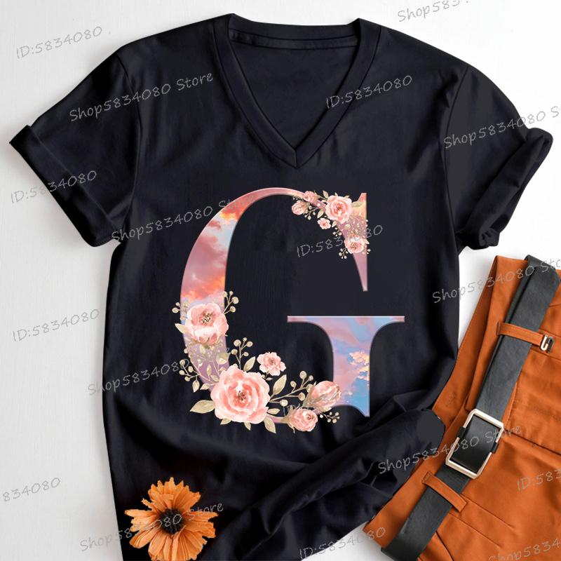 Womens Clothing Pink Flower Alphabet Classic Top Sky Alphabet Cartoon Tshirt FeUnisex Floral Letters A B C D Birthday Gift Shirt
