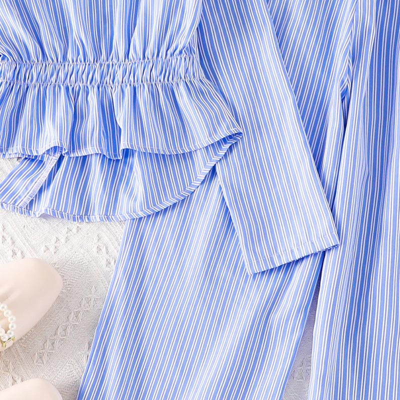 Girls' Set 2025 Autumn Children's Irregular Waist-cinched Long-sleeved Shirt Casual Striped Flared Pants