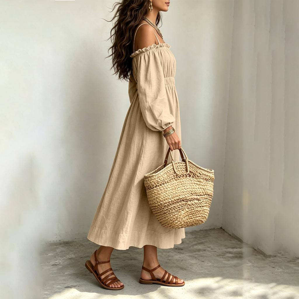 Women's Cotton Linen Off Shoulder Spaghetti Strap Ruffled Maxi Dress Loose Fit Vacation