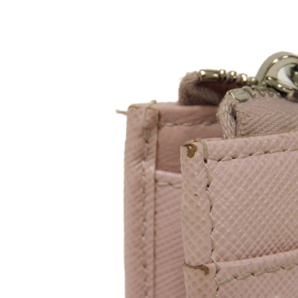 Used Saffiano Keychain 11569 1PP122 7943 L-shaped Zipper Key Ring with Card Case and RFID Triangle Logo, Pink, Women's