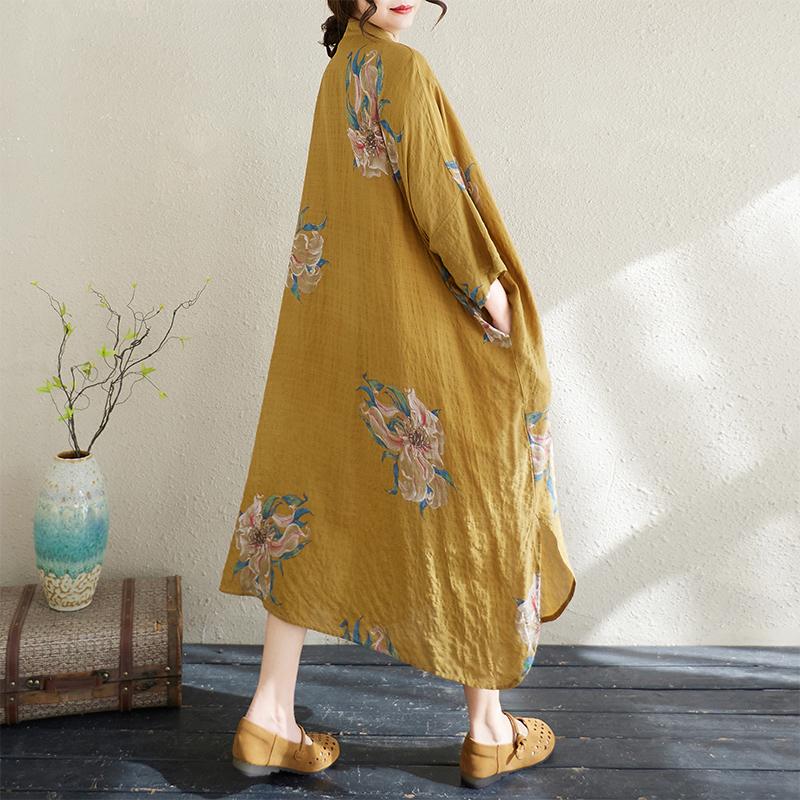 DIMANAF 2025 New Summer Women Linen Vintage Plus Size Long Dress Printing Casual Flower Loose Dress Maxi