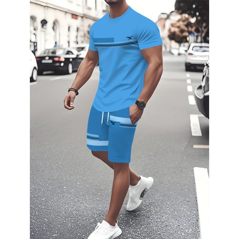 Summer Men's Casual Sports Round Neck Short Sleeved Shorts Two-piece Set, Perfect for Daily Leisure Vacation and Sports.