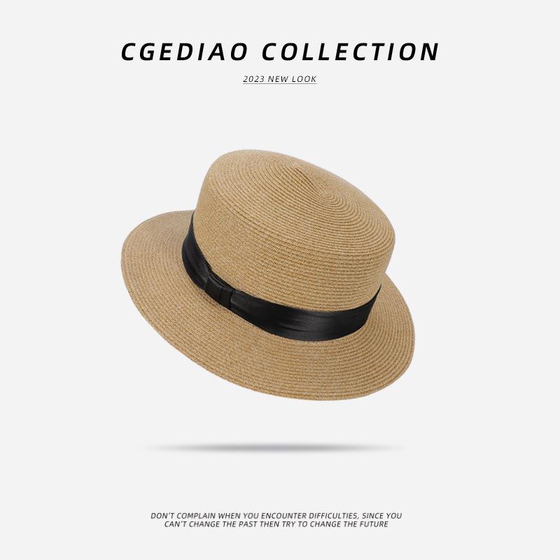 Flat Top Straw Hat Women'S French Straw Top Hat Summer Big Brim Sun Hat Seaside Vacation Sun Hat