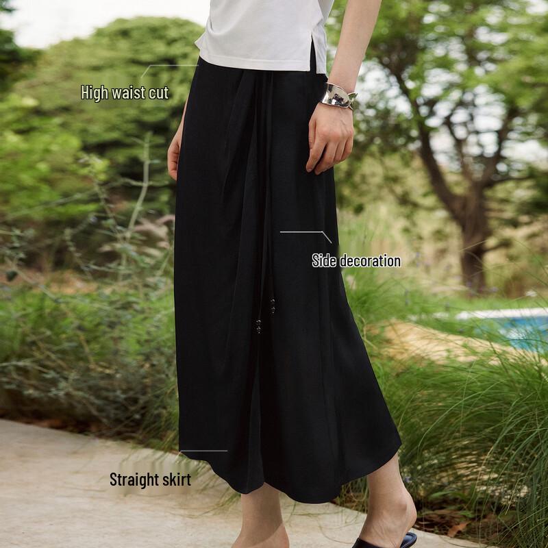 ELLE 100% Acetate Irregular Tie-Strap Straight Midi Skirt