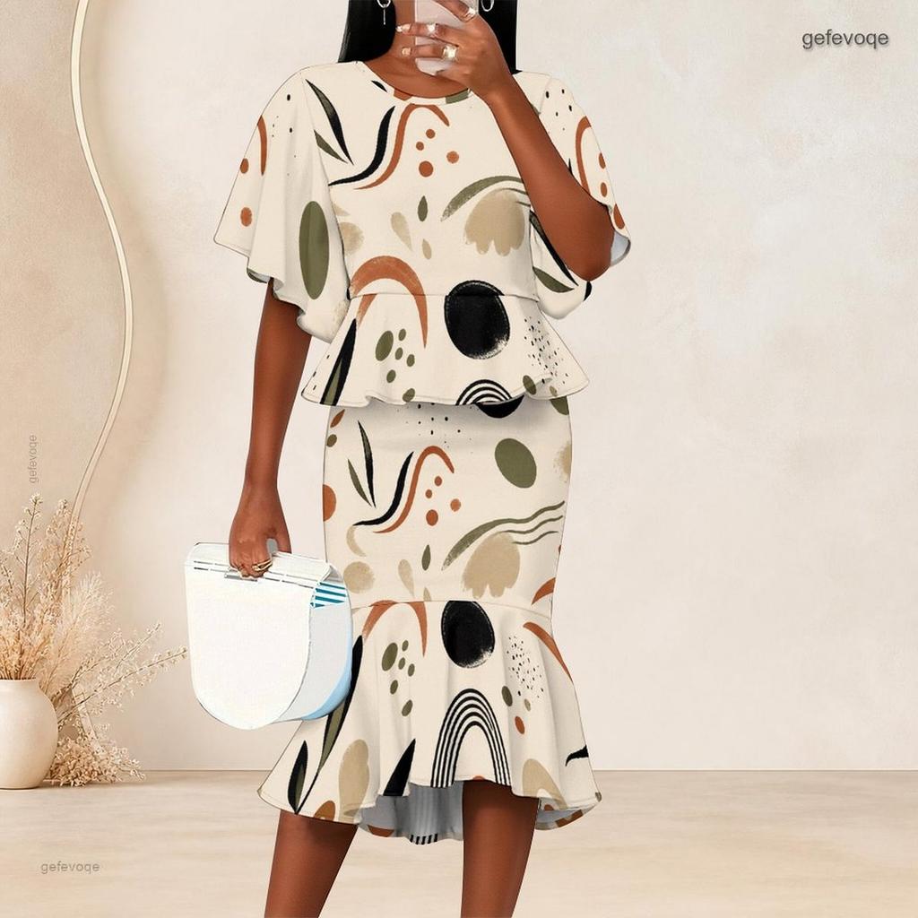Women Plus Size Round Neck Batwing Short Sleeve Printed Ruffle Hem Top Fishtail Skirt Two Piece Set