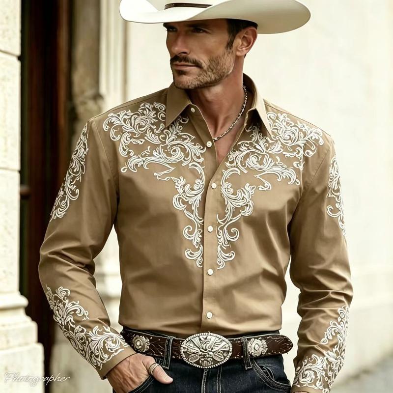 Retro floral 3D printed men's shirt, Western denim button up long sleeved shirt, men's lapel casual fashion shirt, plus size