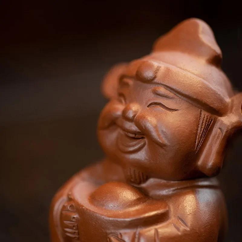 Chinese Yixing Handmade Sculpture Purple Clay Tea Pet Lucky Characters Tea Figurine Ornaments Tea Set Decoration Accessories