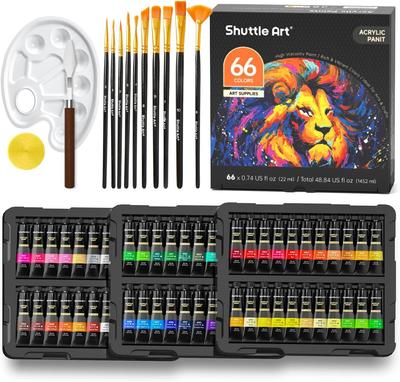 Shuttle Art Acrylic Paint 82 Piece Set, 66 Pieces, 10 Paint Brushes with Pareto, Quick Drying, Durable Tube, 22ml, Handmade, Can Paint On