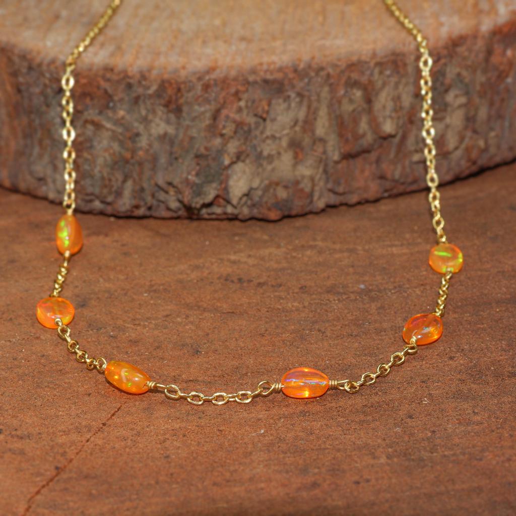 Fire Orange Opal Tumble Beads Chain Necklace, Ethiopian Fire Opal Chain Necklace, Opal Delicate Jewelry for Women, Birthstone Gift for Her