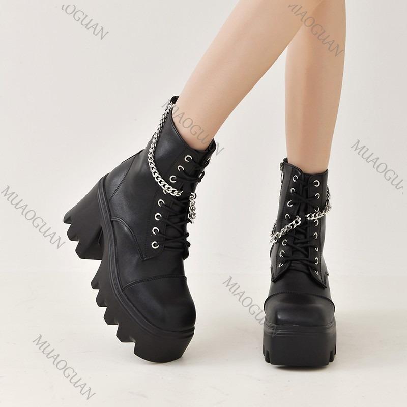 Fashion 2025 Autumn New Gothic Style Women's Thick Soled Punk Motorcycle Boots Chunky High Heels Chain Black Punk Short Knight Botines