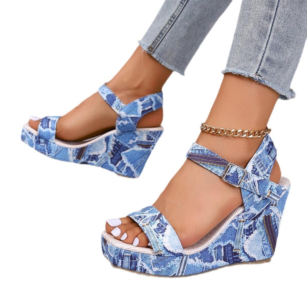 New blue and white porcelain wedge heel women's high waterproof table versatile thick-soled wedge heel sandals heels