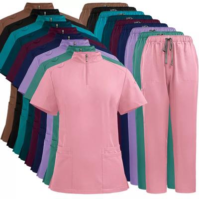 2 Pieces Outfits Women Nursing Working Tops+Loose Pants Nurse Suit Short Sleeve Quick Dry V-neck