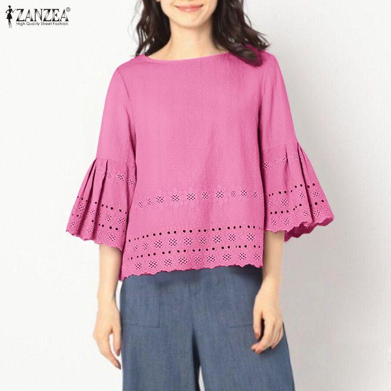 ZANZEA Women Casual Round Neck 3/4 Sleeve Loose Embroidery Patchwork Blouse