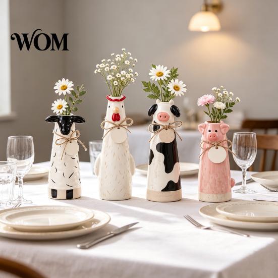 Small Bouquet Flower Vessel Resin Cute Animal Vase, Farmhouse Decorative Holder for Home Shaped Plant Pot Office Decor, Pig/Cow/Sheep/Chicken