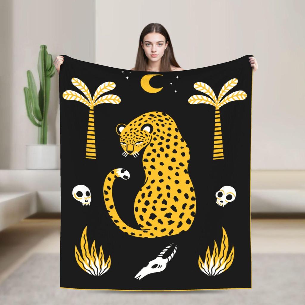 Mystic Gothic Leopard Fleece Blanket, Celestial Palm Tree Skull Decor (300g Flannel)