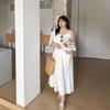 Women's Loose Fit A Line Slip Dress Sleeveless Ruffle Trim Lace Patch Midi Dress