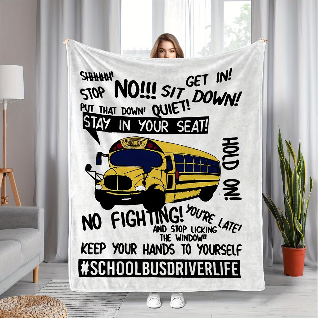 Contemporary School Bus Driver Flannel Bed Blanket, All-Season Plush Throw, Digital Print, Soft Warm, Sofa Couch Bed Office Travel, Machine Washable
