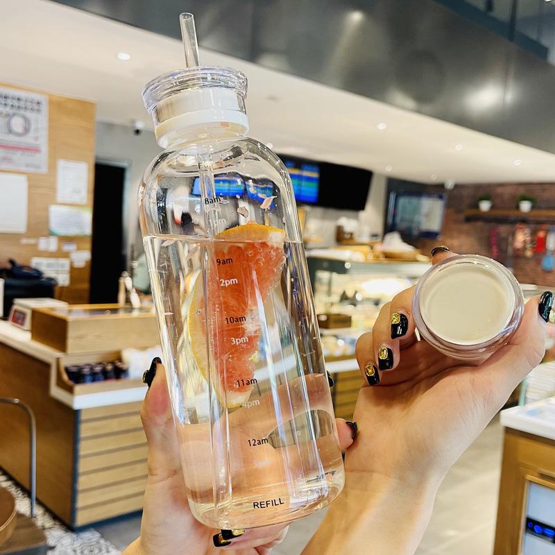 Summer Style Double-Lid Straw Glass Water Cup with Time Scale