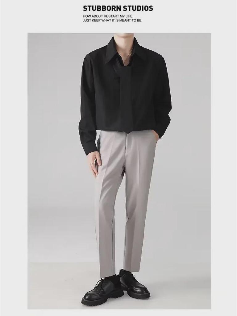 Pánská trendy bílá košile s dlouhým rukávem v korejském stylu s vycpávkami na ramena na jaro a podzim