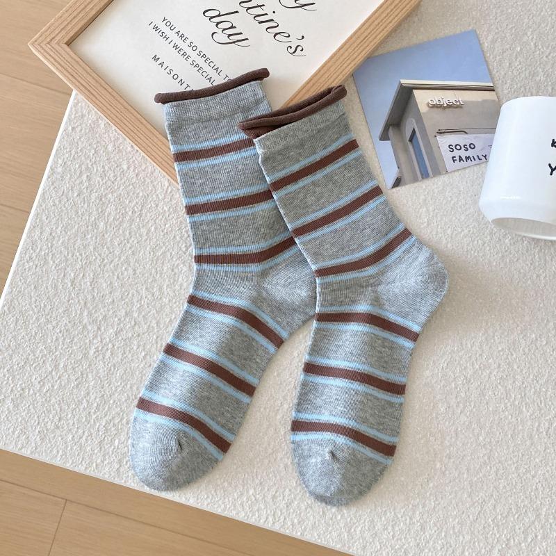 

Женские осенне-зимние дофаминовые полосатые носки до середины икры с подвернутыми и свободными манжетами, универсальные махровые носки 1 pair серый