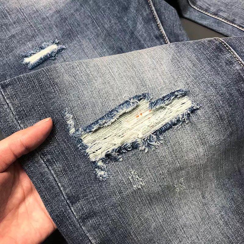 Blugi bărbați cu găuri sparte imprimați bărbați tide nou-nouț Slim picioare mici trend gri casual pantaloni lungi modele de vară