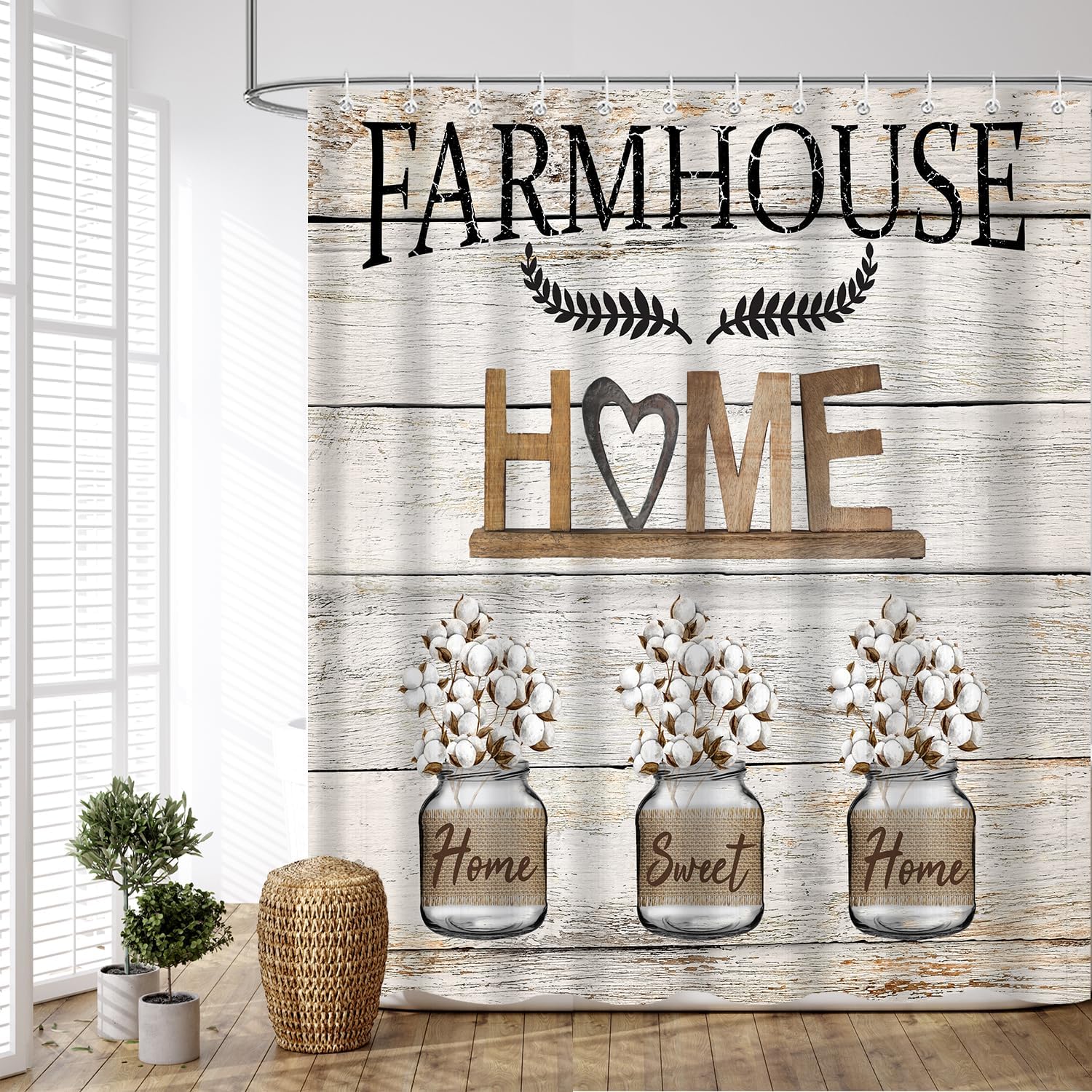 

Rustic Sweet Love Home Fabric Shower Curtain, Farmhouse Country Vintage Wood Plank Cotton Shower Curtains For Bathroom Decor, Wa W60H190(CM)-1 Pcs