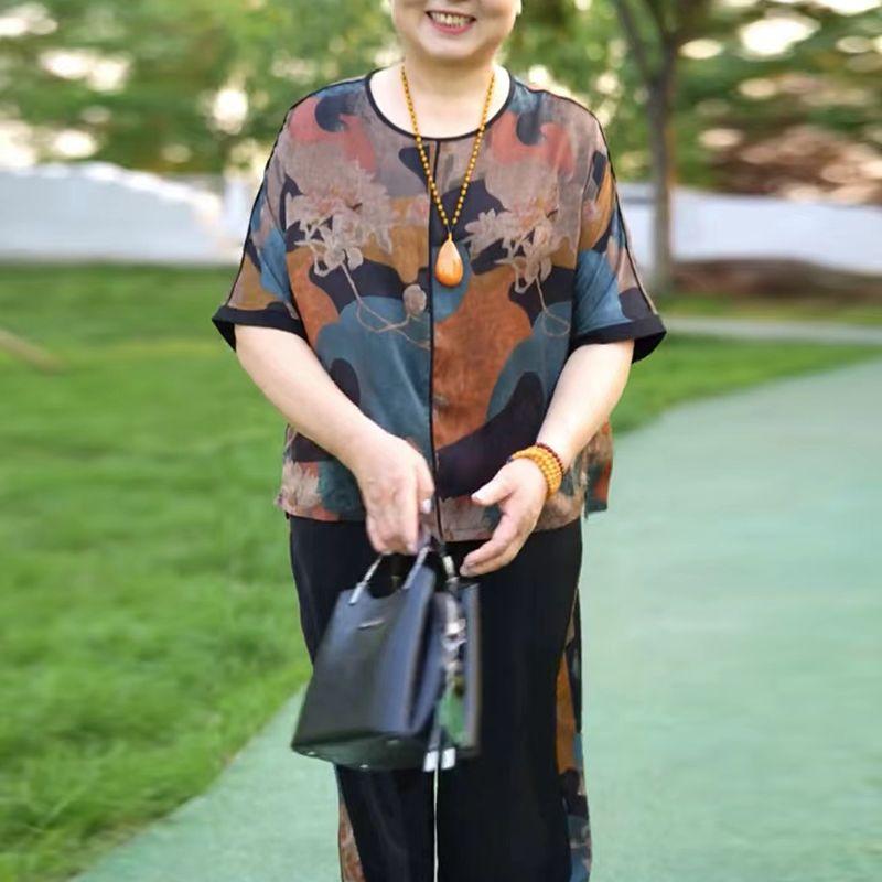 

Одежда Новинка Одежда для женщин среднего и пожилого возраста Шелк Спортивная одежда среднего возраста Западный стиль Женская одежда больших размеров Комплект из двух предметов Одежда Blue 3XL