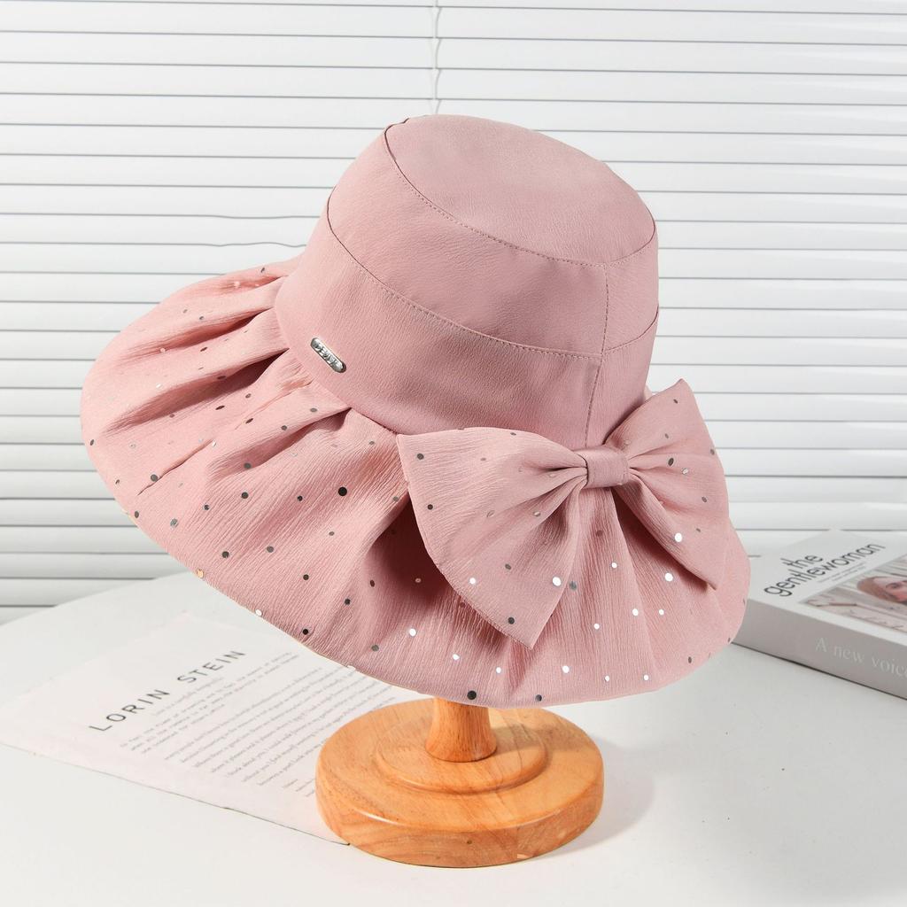 Bow Decorative Sequins Design Wide Brim Bucket Hat Outdoor Casual Fashion Breathable Sun Hat